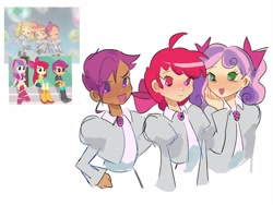 Size: 2048x1538 | Tagged: safe, artist:fluttr3, derpibooru import, apple bloom, scootaloo, sweetie belle, human, equestria girls, g4, anime, clothes, crossover, cutie mark crusaders, freckles, open mouth, princess tutu, screencap reference, simple background, smiling, white background