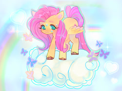 Size: 2047x1535 | Tagged: safe, artist:fluttr3, derpibooru import, fluttershy, butterfly, pegasus, pony, g4, cloud, rainbow, sky background, smiling, solo, sweat, sweatdrop