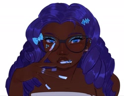 Size: 2048x1586 | Tagged: safe, artist:fluttr3, derpibooru import, rarity, human, g4, bow, bust, dark skin, glasses, hair bow, humanized, looking at you, simple background, solo, white background