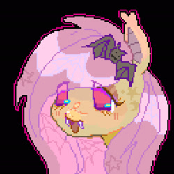 Size: 2048x2048 | Tagged: safe, artist:fluttr3, derpibooru import, fluttershy, bat pony, pony, g4, bat ears, bat ponified, black background, bust, fangs, flutterbat, open mouth, race swap, red eyes, simple background, solo, white background