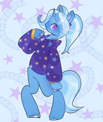 Size: 1734x2048 | Tagged: safe, artist:fluttr3, derpibooru import, trixie, pony, unicorn, g4, alternate hairstyle, babysitter trixie, bipedal, clothes, gameloft, hoodie, simple background, smiling, solo, white background