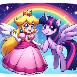 Size: 1024x1024 | Tagged: safe, ai content, artist:user15432, derpibooru import, generator:bing image creator, machine learning generated, twilight sparkle, twilight sparkle (alicorn), alicorn, human, pony, g4, clothes, crossover, crown, dress, female, horn, jewelry, lesbian, nintendo, princess peach, prompter needed, rainbow, regalia, stars, super mario bros., white wings, wings