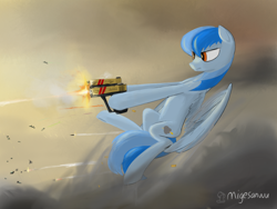 Size: 2160x1620 | Tagged: safe, artist:migesanwu, derpibooru import, oc, changeling, pegasus, pony, bullet, cloud, cloudy, female, fight, folded wings, glock, gun, handgun, looking at something, magic, mare, missile, pegasus oc, pistol, shooting, side view, signature, solo, weapon, wings