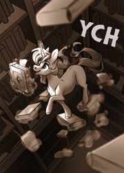 Size: 1200x1664 | Tagged: safe, artist:28gooddays, derpibooru import, oc, pony, unicorn, book, commission, library, magic, monochrome, sketch, solo, telekinesis, ych sketch, your character here