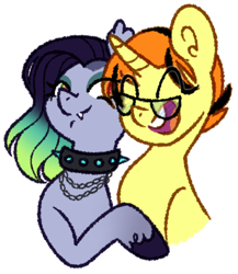 Size: 2072x2392 | Tagged: safe, artist:mitexcel, derpibooru import, oc, oc only, oc:cora magics, oc:merille artienda, bat pony, pony, unicorn, choker, duo, fangs, female, glasses, long mane, nonbinary, orange mane, purple coat, queer, queerplatonic, short mane, sidecut, simple background, transparent background, yellow coat