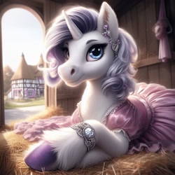 Size: 1024x1024 | Tagged: safe, ai content, machine learning generated, rarity, pony, unicorn, alternate eye color, alternate hairstyle, bing, clothed ponies, clothes, dress, female, fluffy, hay, heterochromia, hoers, hoof polish, hooves, jewelry, leg fluff, looking at you, lying down, mare, pink dress, ponyville, prone, semi-realistic, solo, unshorn fetlocks
