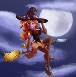 Size: 2384x2432 | Tagged: safe, artist:qbellas, derpibooru import, oc, oc only, anthro, unicorn, anthro oc, boots, broom, cape, clothes, female, looking at you, moon, shoes, solo, witch