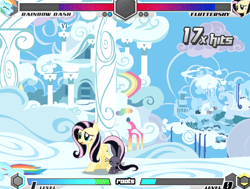 Size: 628x475 | Tagged: safe, artist:fimroots, derpibooru import, angel bunny, fluttershy, rainbow dash, pegasus, pony, rabbit, fighting is magic, animal, cloudsdale, duo focus, emo, emoshy, female, mare, offscreen character, palette swap, recolor, story mode
