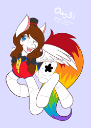 Size: 1462x2048 | Tagged: safe, artist:mscolorsplash, derpibooru import, oc, oc only, oc:color splash, pegasus, pony, blue background, bowtie, clothes, costume, female, hat, mare, nightmare night costume, one eye closed, open mouth, open smile, ponytober, simple background, smiling, solo, top hat