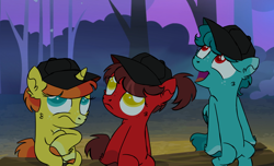 Size: 1262x766 | Tagged: safe, artist:fuckomcfuck, derpibooru import, edit, edited screencap, screencap, oc, oc:go, oc:stop, oc:wait, earth pony, pegasus, pony, unicorn, forest, hat, siblings, traffic light triplets, triplets