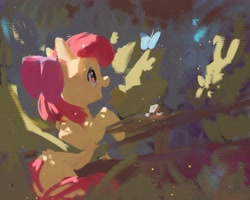 Size: 4096x3273 | Tagged: safe, artist:inkhooves, derpibooru import, apple bloom, butterfly, earth pony, pony, bow, female, filly, foal, hair bow, solo