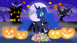 Size: 5360x3015 | Tagged: safe, artist:andoanimalia, derpibooru import, princess luna, raven, alicorn, bat, fruit bat, pony, vampire fruit bat, absurd resolution, candy, crown, ethereal mane, ethereal tail, female, food, halloween, holiday, hoof shoes, jack-o-lantern, jewelry, leaves, mare, moon, nightmare night, peytral, pumpkin, regalia, starry mane, starry tail, tail