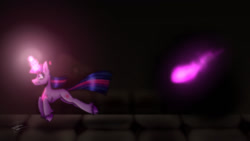 Size: 1280x720 | Tagged: safe, artist:isidoratubby, derpibooru import, twilight sparkle, unicorn twilight, demon, pony, unicorn, bricks, chase, dark, dark magic, dungeon, duo, entity, eye mist, fan game, female, glowing, glowing eyes, glowing eyes of doom, glowing horn, horn, leaping, magic, not king sombra, not sombra, not umbrum, running, scared, shadow creature, signature, twilight escape, twilight's escape