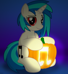 Size: 6078x6600 | Tagged: safe, artist:agkandphotomaker2000, derpibooru import, dj pon-3, vinyl scratch, pony, unicorn, halloween, halloween 2023, holiday, light, looking at you, nightmare night, pumpkin, pumpkin carving, red eyes, show accurate, simple background, solo