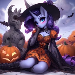 Size: 1024x1024 | Tagged: safe, ai content, derpibooru import, generator:dall-e 3, machine learning generated, rarity, anthro, bat, blushing, boots, breasts, cleavage, clothes, cloud, dress, gloves, halloween, high heel boots, high heels, holiday, jack-o-lantern, lace, moon, pumpkin, shoes, statue, witch