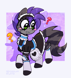 Size: 1981x2158 | Tagged: safe, artist:opossum-stuff, derpibooru import, oc, oc only, oc:maxfloof, hyena, pony, blushing, clothes, eyelashes, female, maid, male to female, mare, rule 63, solo, stockings, surprised, thigh highs, transformation, transgender transformation