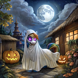 Size: 4096x4096 | Tagged: safe, ai content, derpibooru import, generator:easyfluff v11.2, generator:stable diffusion, machine learning generated, rainbow dash, pegasus, pony, clothes, cloud, costume, female, ghost costume, halloween, halloween costume, holiday, jack-o-lantern, mare, mask, moon, night, night sky, nightmare night, ponyville, prompter:ada, pumpkin, sky, town hall