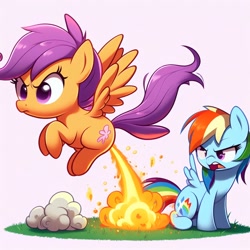 Size: 1024x1024 | Tagged: safe, ai content, derpibooru import, generator:dall-e 3, machine learning generated, scootaloo, pegasus, pony, angry, duo, female, filly, fire, foal, grass, ignition, pissing, prompter:nebbie, scootaloo can fly, urine