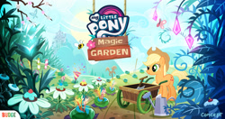 Size: 1920x1014 | Tagged: safe, artist:benjamin dupouy, derpibooru import, applejack, butterfly, applejack's hat, budge studios, clothes, concept art, cowboy hat, crystal, flower, game, garden, hat, magic garden, my little pony magic garden, official, plant, rake, school of friendship, shovel, wagon, watering can, what could have been