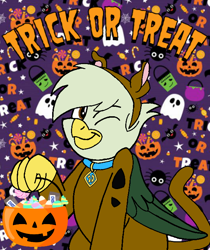 Size: 600x714 | Tagged: safe, artist:noi kincade, derpibooru import, oc, oc only, oc:gregory griffin, dog, griffon, clothes, costume, halloween, halloween costume, holiday, male, one eye closed, pumpkin bucket, scooby doo, scooby doo (character), solo, trick or treat, wink