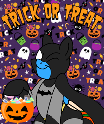 Size: 600x714 | Tagged: safe, artist:noi kincade, derpibooru import, oc, oc only, oc:prince scarab, pony, batman, clothes, costume, dc comics, halloween, halloween costume, holiday, one eye closed, solo, trick or treat, wink
