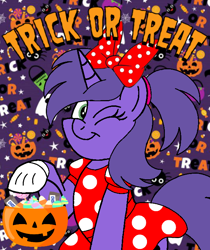 Size: 600x714 | Tagged: safe, artist:noi kincade, derpibooru import, oc, oc:violetta cuddles belle, unicorn, clothes, costume, disney, female, halloween, halloween costume, holiday, minnie mouse, one eye closed, pumpkin bucket, solo, trick or treat, wink