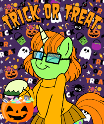 Size: 600x714 | Tagged: safe, artist:noi kincade, derpibooru import, oc, oc:lola, unicorn, clothes, costume, female, glasses, halloween, halloween costume, holiday, one eye closed, pumpkin bucket, scooby doo, solo, velma dinkley, wink