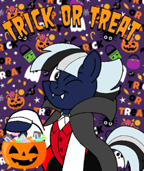 Size: 600x714 | Tagged: safe, artist:noi kincade, derpibooru import, oc, oc:ghostpony, pony, undead, vampire, clothes, costume, dracula, halloween, halloween costume, holiday, male, one eye closed, pumpkin bucket, solo, trick or treat, wink