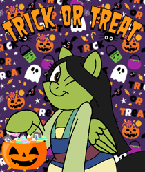 Size: 600x714 | Tagged: safe, artist:noi kincade, derpibooru import, oc, oc only, oc:clara, pegasus, clothes, costume, disney, female, halloween, halloween costume, holiday, mulan, one eye closed, pumpkin bucket, solo, wink