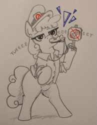 Size: 619x797 | Tagged: safe, artist:jargon scott, derpibooru import, oc, oc only, oc:officer nutless, earth pony, pony, 2023, bipedal, blowing whistle, cap, female, grayscale, hat, hoof hold, mare, monochrome, no nut november, partial color, pencil drawing, traditional art, whistle