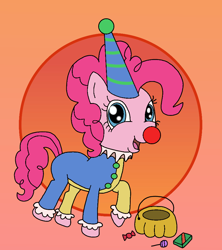 Size: 800x900 | Tagged: safe, artist:jovay, derpibooru import, pinkie pie, earth pony, pony, candy, clothes, clown, clown nose, costume, female, food, gradient background, halloween, halloween costume, hat, holiday, pumpkin bucket, red nose, solo