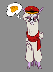 Size: 1022x1382 | Tagged: safe, artist:nonameorous, derpibooru import, oc, oc only, oc:nonameorous, alpaca, them's fightin' herds, cheese, clothes, cloven hooves, community related, food, frown, glasses, gray background, hat, looking up, scarf, simple background, solo, standing, thought bubble