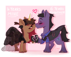 Size: 2500x2000 | Tagged: safe, artist:lionbun, derpibooru import, oc, oc:dreamheart, oc:screaming heart, earth pony, unicorn, anniversary, blushing, clothes, couple, dress, earth pony oc, female, horn, jewelry, kiss on the lips, kissing, male, mare, married couple, oc x oc, ring, shipping, stallion, straight, suit, unicorn oc, wedding dress, wedding ring