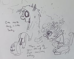 Size: 1698x1355 | Tagged: safe, artist:pony quarantine, derpibooru import, oc, oc only, earth pony, pony, christmas, clothes, costume, dialogue, duo, female, filly, foal, grayscale, halloween, halloween costume, mare, monochrome, pen drawing, pumpkin bucket, traditional art