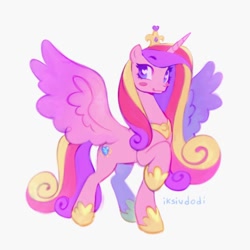 Size: 1500x1500 | Tagged: safe, artist:iksiudodi_, derpibooru import, princess cadance, alicorn, pony, blush sticker, blushing, colored wings, colorful, crown, crystal princess, cute, cutedance, eyebrows, eyelashes, female, gradient mane, gradient tail, horn, jewelry, long mane, looking at you, mare, meta, multicolor hair, multicolor mane, multicolored hair, multicolored mane, multicolored tail, multicolored wings, pink fur, princess, raised eyebrow, raised leg, regalia, royalty, simple background, smiling, smiling at you, smirk, solo, sparkly eyes, spread wings, tail, twitter, wingding eyes, wings