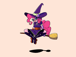 Size: 1600x1200 | Tagged: safe, artist:pertdegert, derpibooru import, pinkie pie, anthro, earth pony, plantigrade anthro, broom, clothes, costume, female, flying, flying broomstick, halloween, halloween costume, hat, looking at you, mare, orange background, platform boots, simple background, sitting, solo, tongue, tongue out, witch hat