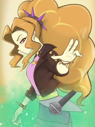 Size: 1535x2048 | Tagged: safe, artist:noupu, derpibooru import, adagio dazzle, human, equestria girls, clothes, female, fog, jacket, leather, leather jacket, looking at something, magic, mic drop, microphone, solo, spiked wristband, wristband