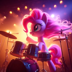 Size: 1024x1024 | Tagged: safe, ai content, derpibooru import, generator:bing image creator, machine learning generated, pinkie pie, earth pony, pony, detailed, drums, female, light, mare, musical instrument, realistic, smiling, solo, stage