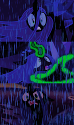 Size: 530x894 | Tagged: safe, derpibooru import, edit, edited screencap, editor:incredibubbleirishguy, screencap, queen chrysalis, to where and back again, what lies beneath, furious, hat, horrified, implied starlight glimmer, rain, reference, remake, shocked, the little mermaid, wicked witch of the west