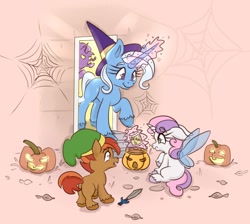 Size: 1000x894 | Tagged: safe, artist:nedemai, derpibooru import, button mash, starlight glimmer, sweetie belle, trixie, earth pony, pony, unicorn, beans, colt, female, filly, foal, food, halloween, hat, holiday, horn, jack-o-lantern, levitation, long horn, magic, male, mare, nightmare night, pumpkin, pumpkin bucket, spider web, sword, telekinesis, unshorn fetlocks, weapon, witch hat