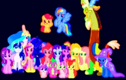 Size: 1401x894 | Tagged: safe, derpibooru import, edit, edited screencap, editor:incredibubbleirishguy, screencap, apple bloom, applejack, discord, fluttershy, pinkie pie, princess cadance, princess celestia, princess flurry heart, princess luna, rainbow dash, rarity, scootaloo, shining armor, spike, starlight glimmer, sweetie belle, trixie, twilight sparkle, twilight sparkle (alicorn), alicorn, draconequus, dragon, earth pony, pegasus, pony, unicorn, to where and back again, alicorn pentarchy, baby alicorn, beautiful, cape, christmas, christmas lights, clothes, colors, cutie mark crusaders, dark background, female, filly, foal, glow in the dark, glowing, hat, holiday, male, mane seven, mane six, mare, night, not a vector, princess, simple background, stallion, trio male, trixie's cape, trixie's hat