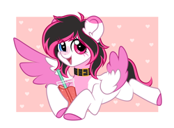 Size: 4404x3234 | Tagged: safe, artist:grelka, artist:vetta, derpibooru import, oc, oc:lunylin, pegasus, pony, collaboration, abstract background, collar, food, heart, heart eyes, heterochromia, juice, lemonade, one wing out, solo, straw, wingding eyes, wings