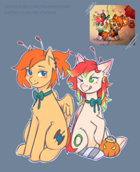 Size: 2000x2450 | Tagged: safe, artist:moewwur, artist:rin-mandarin, derpibooru import, oc, oc only, oc:chise, oc:svatya, pegasus, pony, blue background, clothes, couple, gift art, ginger hair, halloween, holiday, jack-o-lantern, pegasus wings, pink hair, pink mane, pony town, pumpkin, red hair, simple background, sketch, socks, spooky, spread wings, strawberry mane, tendrils, wings