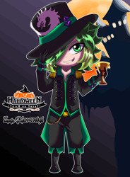 Size: 2991x4063 | Tagged: safe, artist:cmacx, derpibooru import, spike, dragon, human, castle, full moon, glass, halloween, hat, holiday, humanized, jack-o-lantern, moon, pumpkin, witch hat