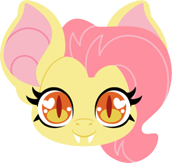 Size: 1469x1396 | Tagged: safe, artist:cutepencilcase, derpibooru import, fluttershy, bat pony, pony, bat ponified, fangs, flutterbat, head only, race swap, simple background, slit eyes, smiling, solo, transparent background