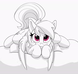 Size: 2162x2058 | Tagged: safe, artist:pabbley, derpibooru import, rainbow dash, pegasus, pony, cute, dashabetes, female, grayscale, looking at you, lying down, mare, monochrome, partial color, prone, simple background, smiling, smiling at you, solo, sploot, white background, wings, wings down