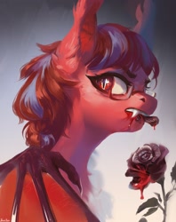 Size: 1710x2160 | Tagged: safe, artist:jewellier, derpibooru import, oc, oc only, oc:july red pencil, bat pony, pony, bat wings, biting, bust, fangs, female, flower, glasses, looking back, mare, not blood, portrait, rose, slit eyes, solo, species swap, wings