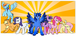 Size: 2066x1000 | Tagged: safe, artist:arrcann, derpibooru import, applejack, fluttershy, pinkie pie, rainbow dash, rarity, spike, twilight sparkle, twilight sparkle (alicorn), oc, oc:blue thunder, alicorn, earth pony, pegasus, element of generosity, element of honesty, element of kindness, element of laughter, element of loyalty, element of magic, elements of harmony, mane seven, mane six