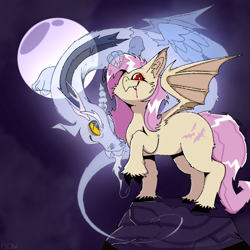 Size: 1200x1200 | Tagged: safe, artist:flowgence, derpibooru import, discord, fluttershy, bat pony, ghost, pony, undead, vampire, vampony, bat ponified, bat wings, blood, cloven hooves, duo, duo male and female, fangs, female, flutterbat, halloween, holiday, looking at you, male, mare, mischievous, moon, race swap, unshorn fetlocks, wings