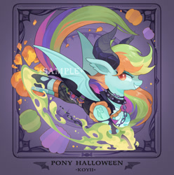 Size: 1024x1032 | Tagged: safe, artist:koyii-kong, derpibooru import, rainbow dash, demon, demon pony, pony, bucking, female, fire, flying, grin, halloween, holiday, mare, pumpkin, smiling, solo, spread wings, wings